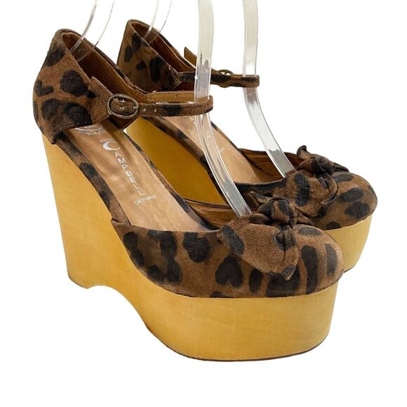 Jeffrey Campbell Tan/Black Cheetah Print Wooden Wedge Heels Bow Accent Women's 8 - Picture 1 of 10